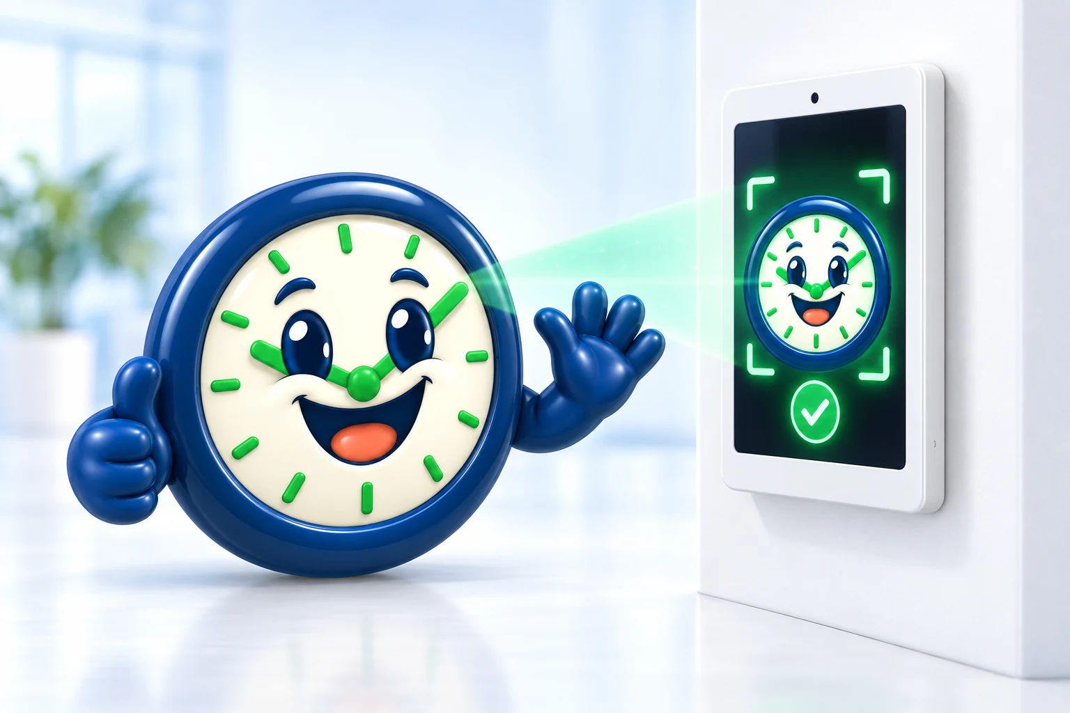Mascote relógio do CheckPonto® registrando o ponto diante de um tablet em modo totem, com enquadramento facial e confirmação verde na tela